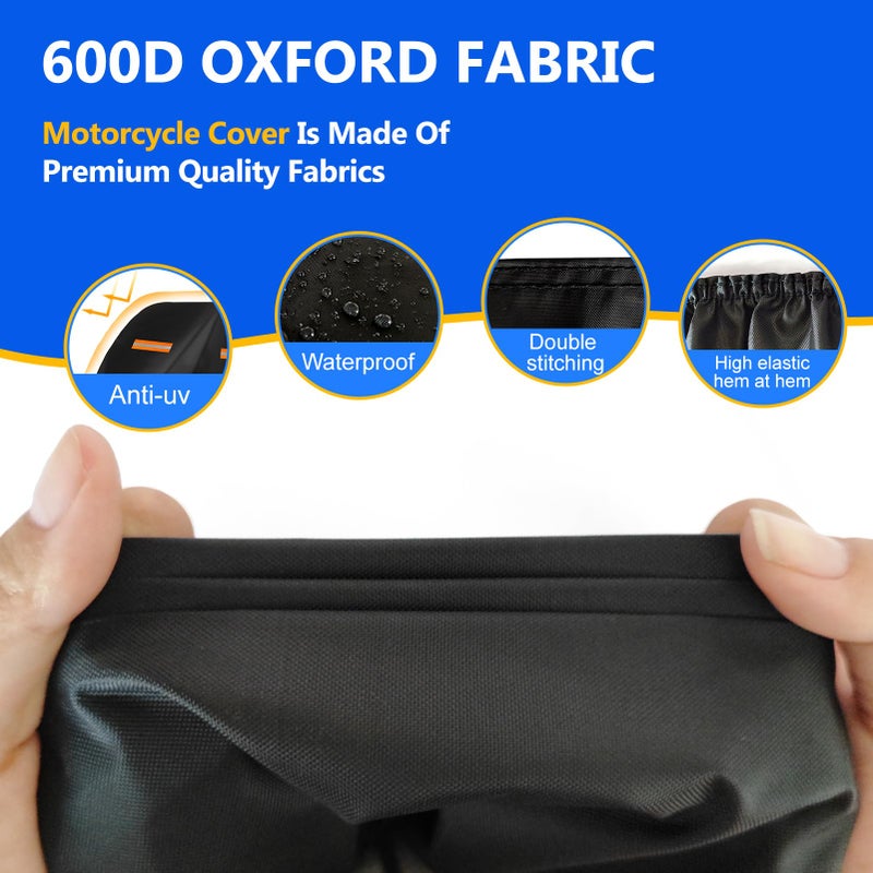 Plscoverit Motorcycle Cover, 600D Heavy Duty Waterproof Motorbike Cover, Dustproof Motorcycles Vehicle Cover Scooter Shelter Protection with Reflective Strips & Storage Bag 97.5"" x 41"" x 50"" - Image 2